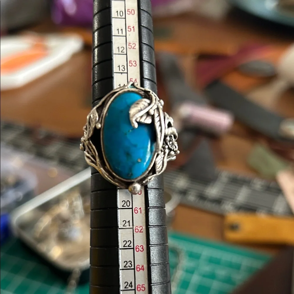 Artisan Turquoise Blue Oval Stone Silver Floral Ring